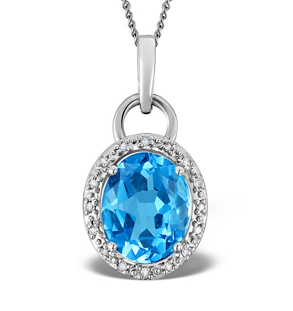 Blue Topaz 2.96CT And Diamond 9K White Gold Pendant Necklace